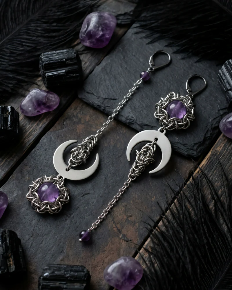 Серьги длинные аметист и лунницы