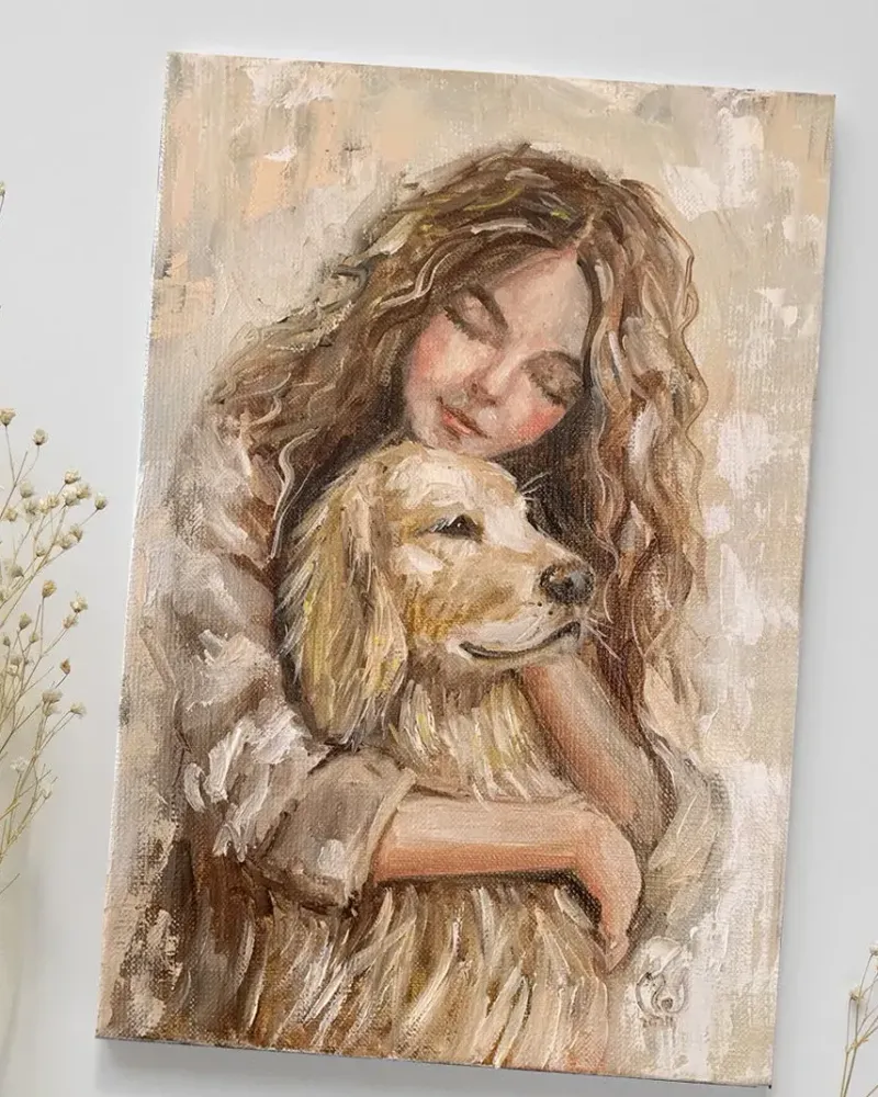 Девочка с собакой 2. Картина маслом 20×30 см — 20×30 см
