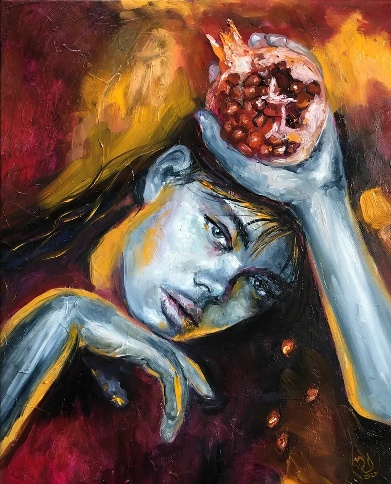 Девушка и гранат. Картина маслом 40×50 см — 40×50 см