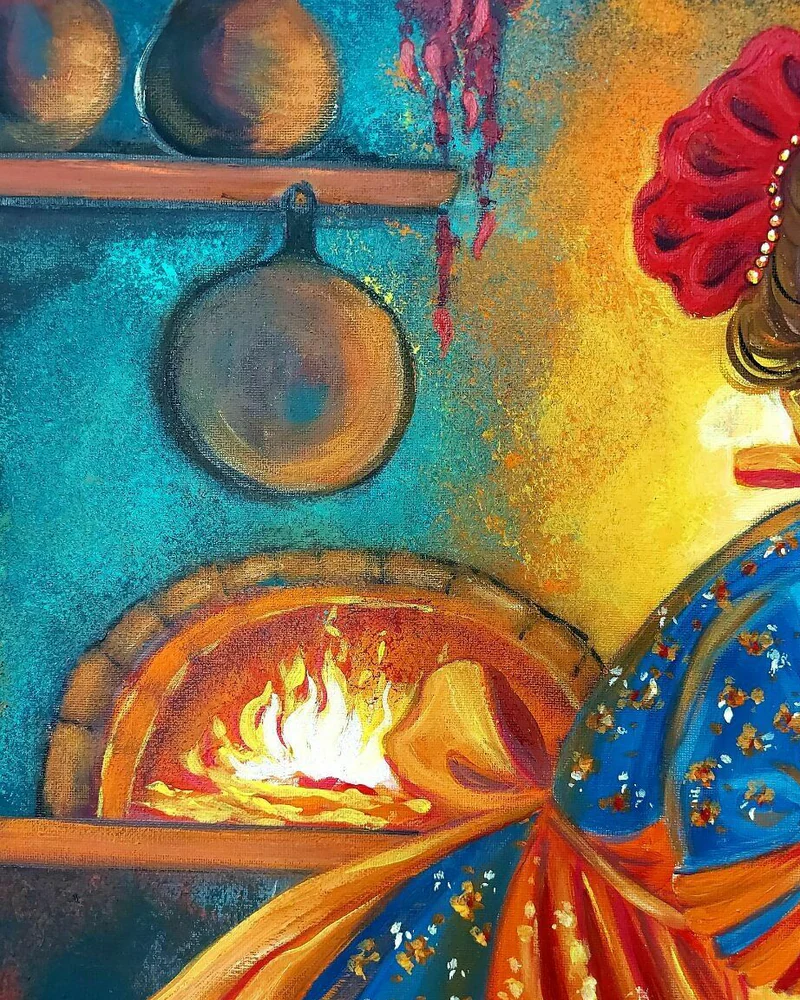 Картина маслом «Казачка у печи». Казачка жарит селёдку