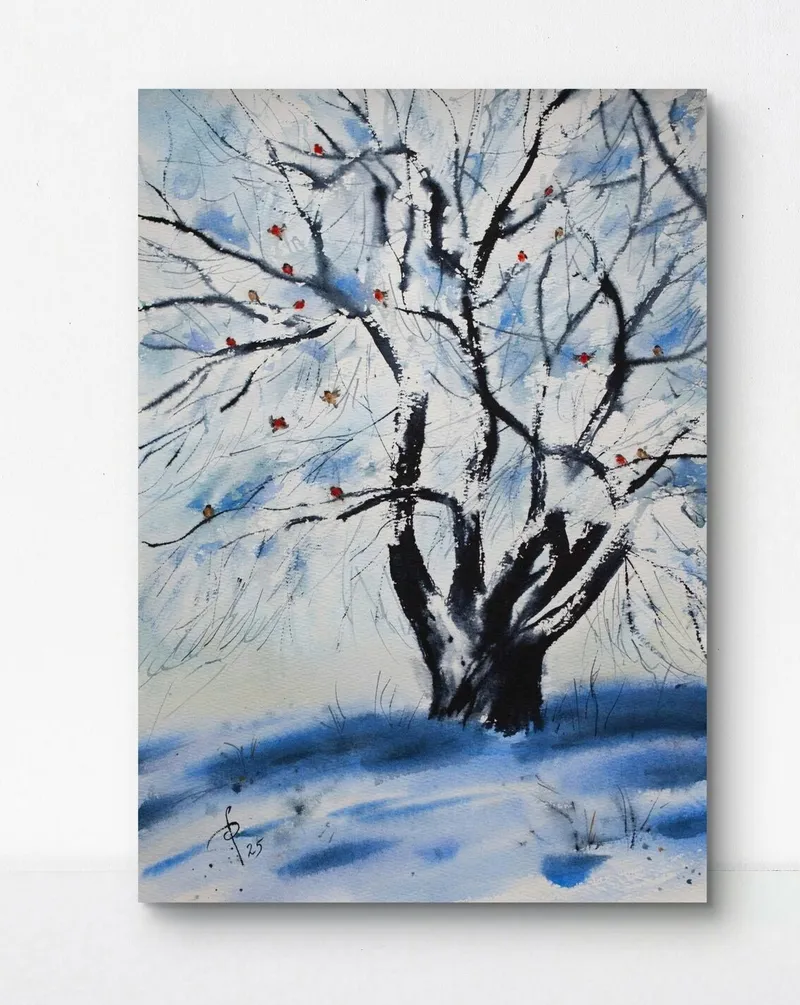 Снегири. Зимний пейзаж акварелью — 30×40 см