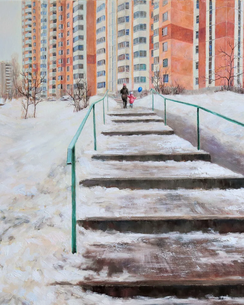 На районе. Лестница. Масло, холст