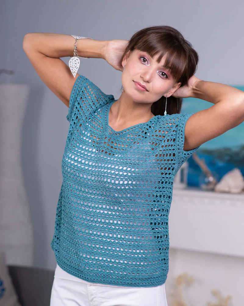 СЕЛЕНА бирюзовый летний топ из хлопка, ажур