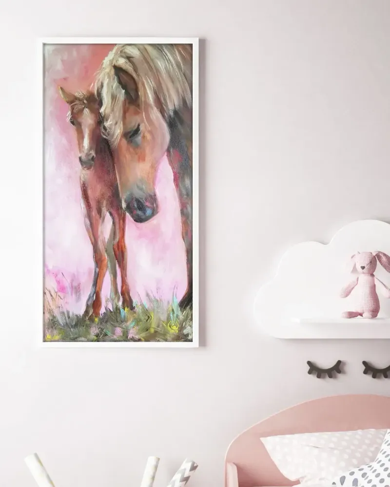 Мама лошадь и жеребенок. Картина маслом 30×60 см — 30×60 см