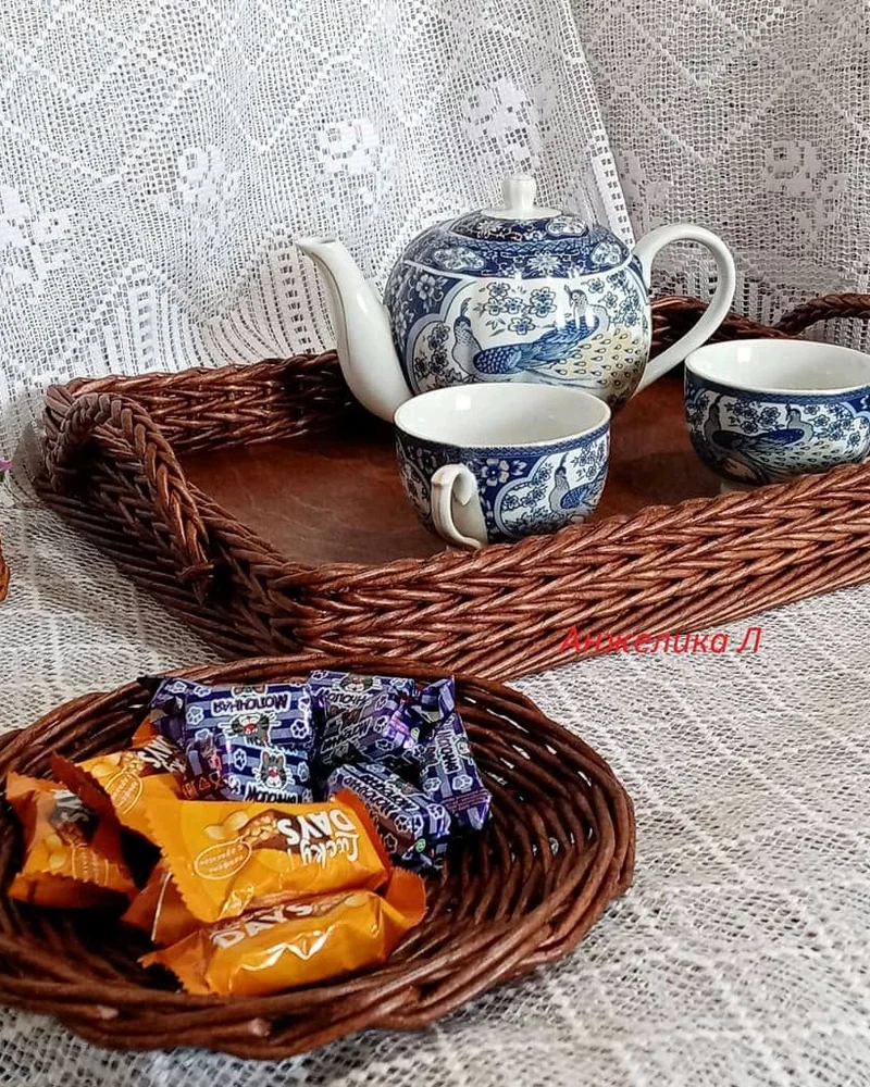 Поднос для чаепития, плетеный поднос для кухни, разнос для посуды