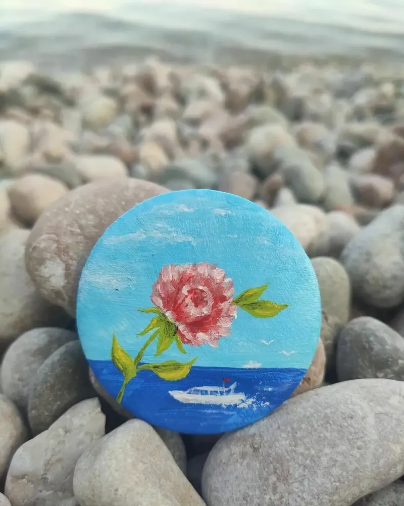 Брошь Цветок у Моря. Миниатюра на Холсте. Морской пейзаж — Брошь