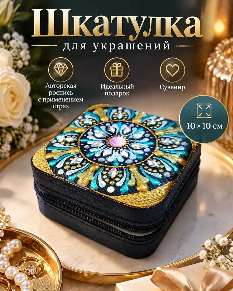 Дорожная шкатулка для украшений с росписью — Чёрный — бирюзовый узор