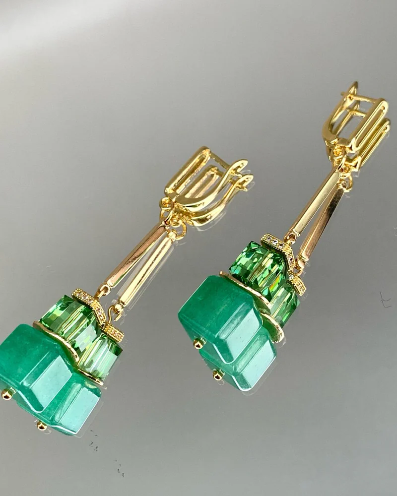 Серьги с зелёным авантюрином и кристаллами Swarovski