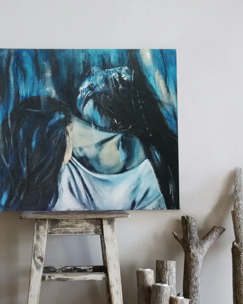 Девушка и ворон. Картина маслом 40×35 см — 40×35 см