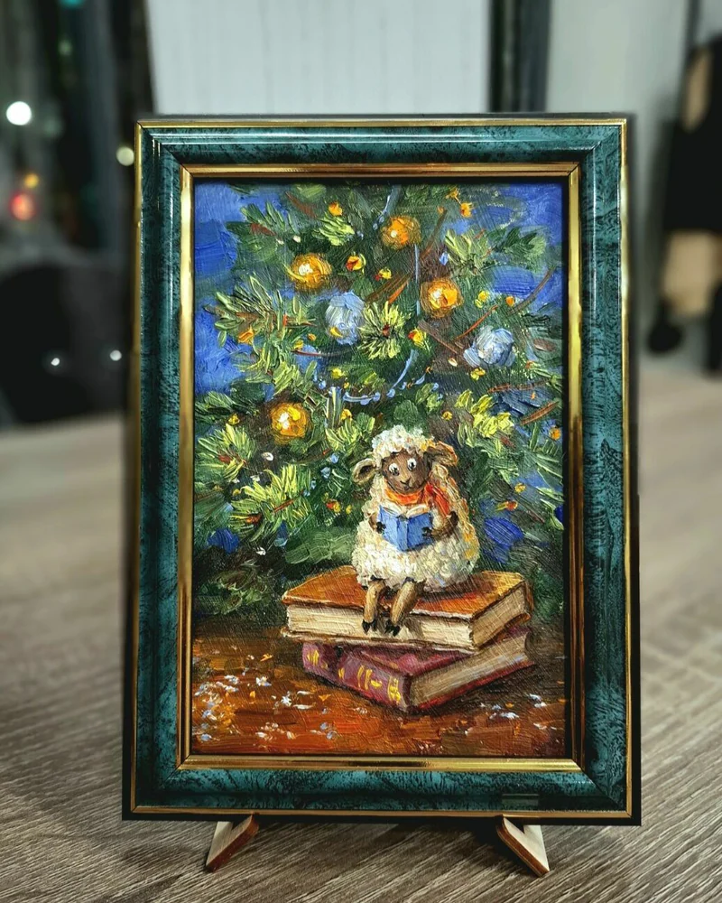 Овечка с книжкой. Миниатюра 15х10