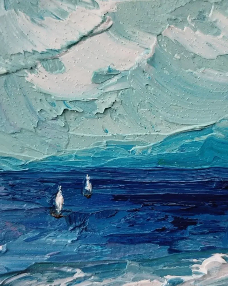Море с горами. Миниатюра маслом — 6×6 см