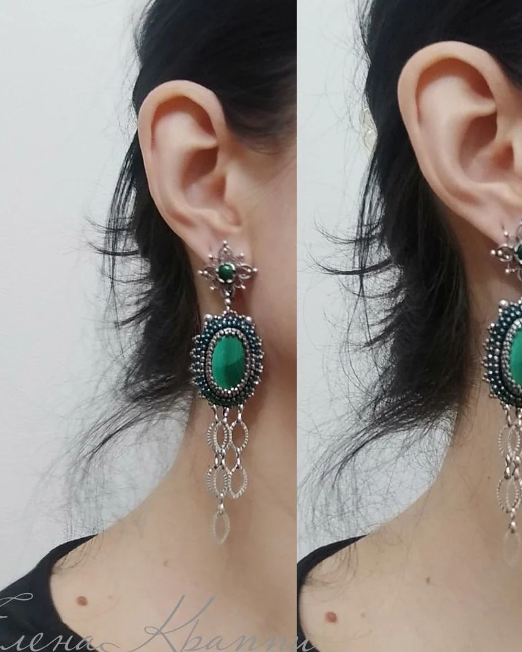 Серьги из натурального малахита с цепями. Зеленые с серебряным серьги
