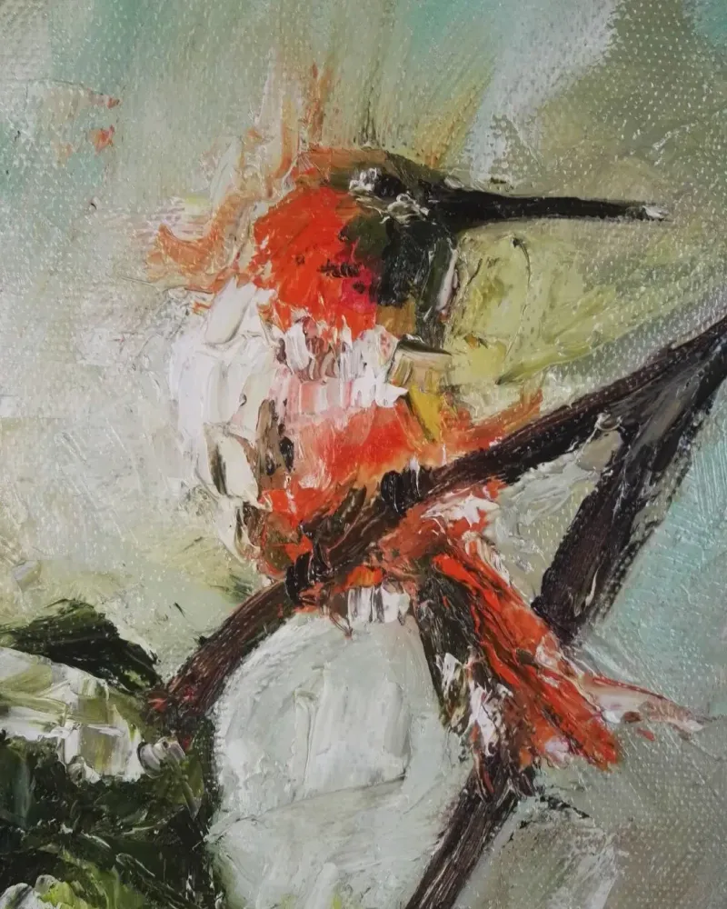 Ветка груши и птичка. Картина маслом 40×60 см — 40×60 см