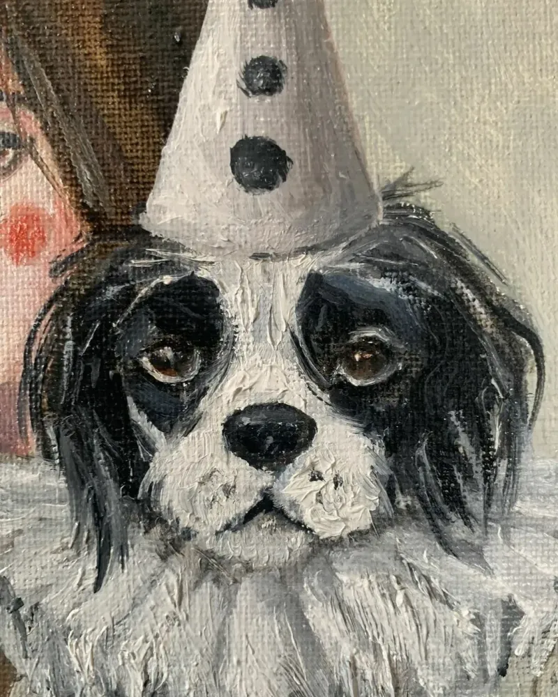 Клоунесса и верный друг. Картина маслом 20×20 см — 20×20 см