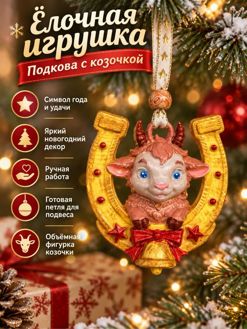 Ёлочная игрушка «Подковка с козочкой»