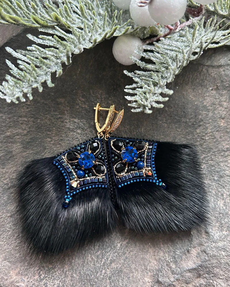 Серьги с мехом норки, синий