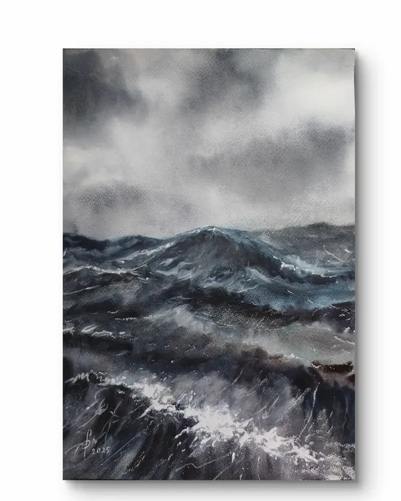 Буря. Шторм на море, акварель — 30×40 см