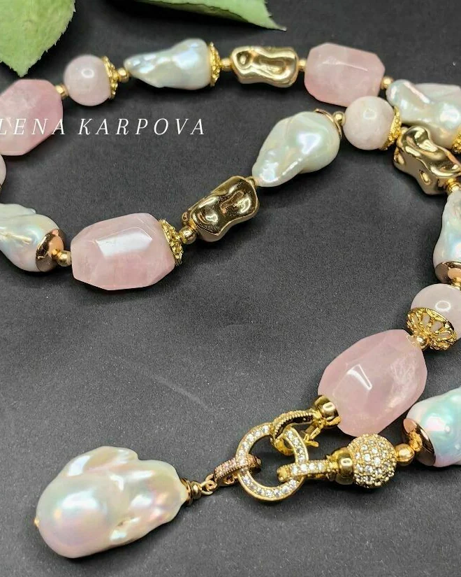 Колье с жемчугом барокко и розовым кварцем