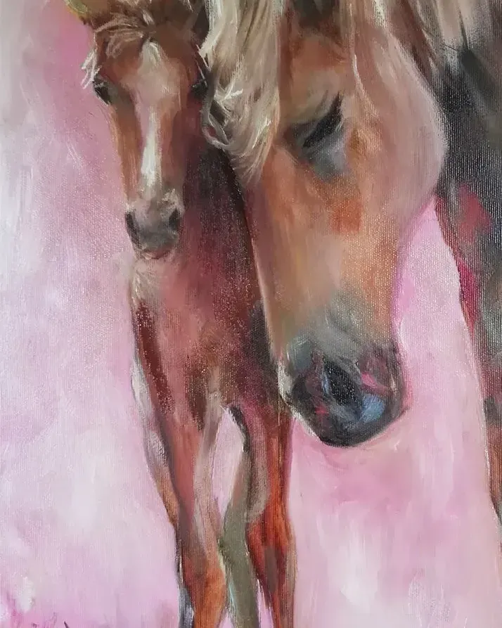 Мама лошадь и жеребенок. Картина маслом 30×60 см — 30×60 см