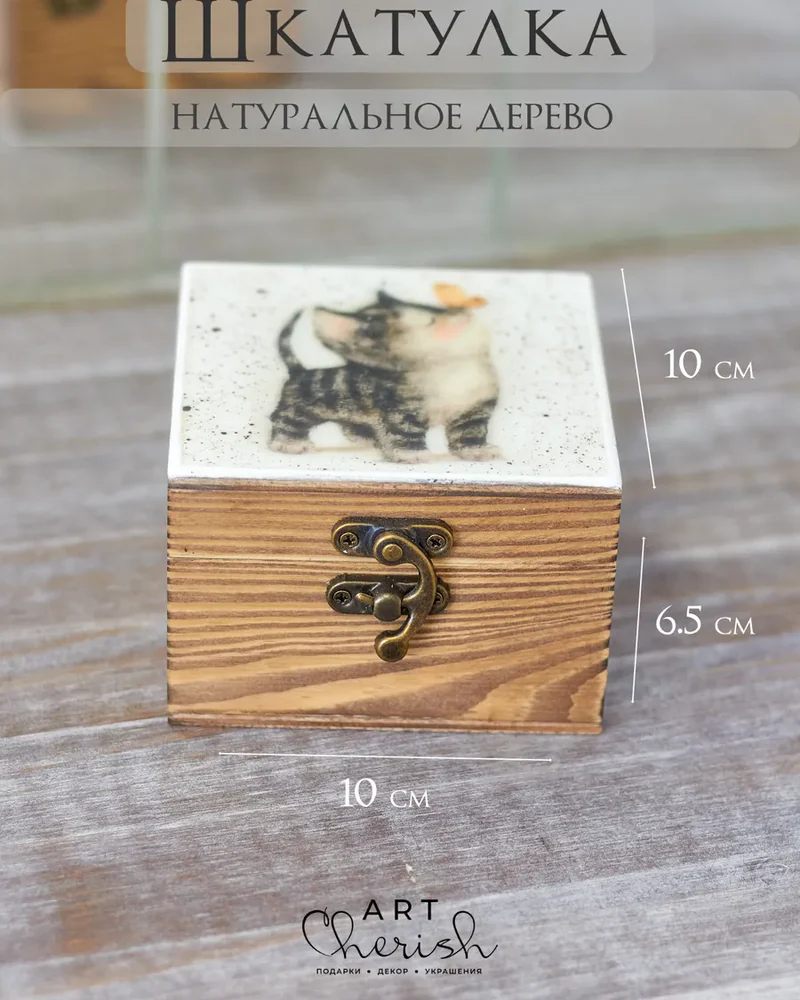 Шкатулка деревянная с рисунком, 10 × 10 × 6 см — Котик