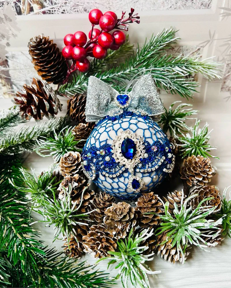 Коллекционный бархатный ёлочный шар, синий — Основной