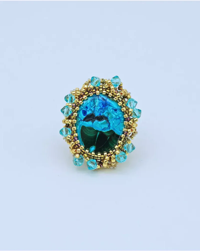Авторское кольцо с хризоколлой и Swarovski