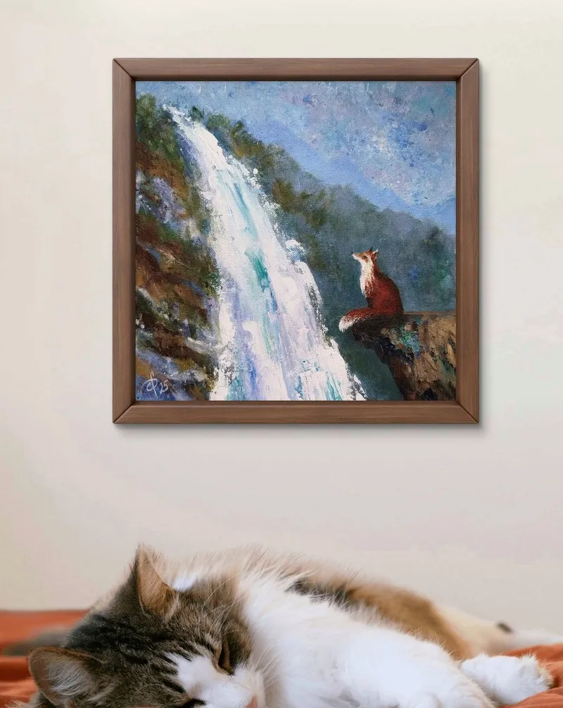 Лиса у водопада. Картина акрилом — 30×30 см