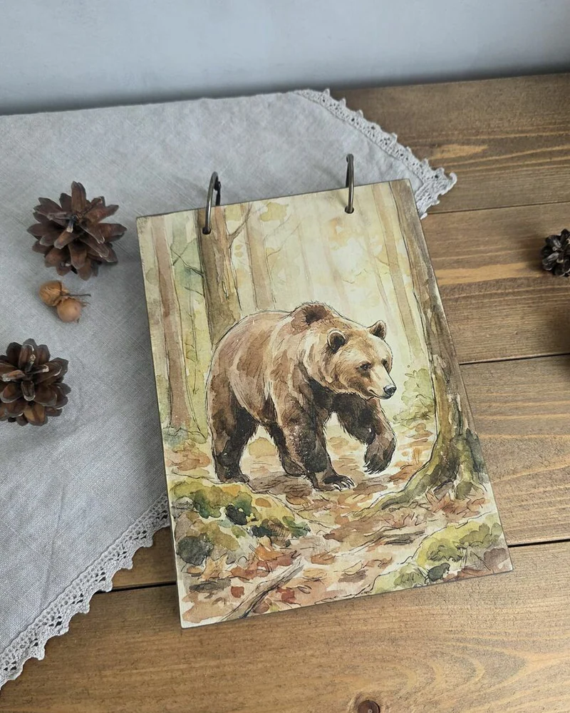 Деревянный блокнот А5 на кольцах в клетку — Bear