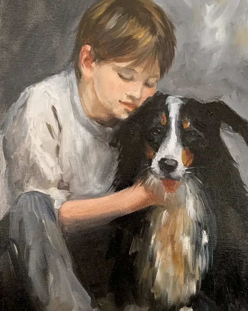Мальчик с собакой. Картина маслом 20×30 см — 20×30 см