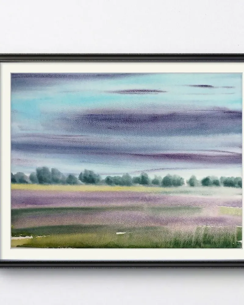 Лавандовые поля. Туман, акварель — 30×40 см