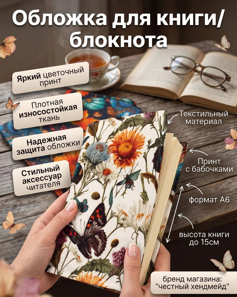 Тканевая обложка для книги и блокнота A6 — A6, сине-оранжевый принт