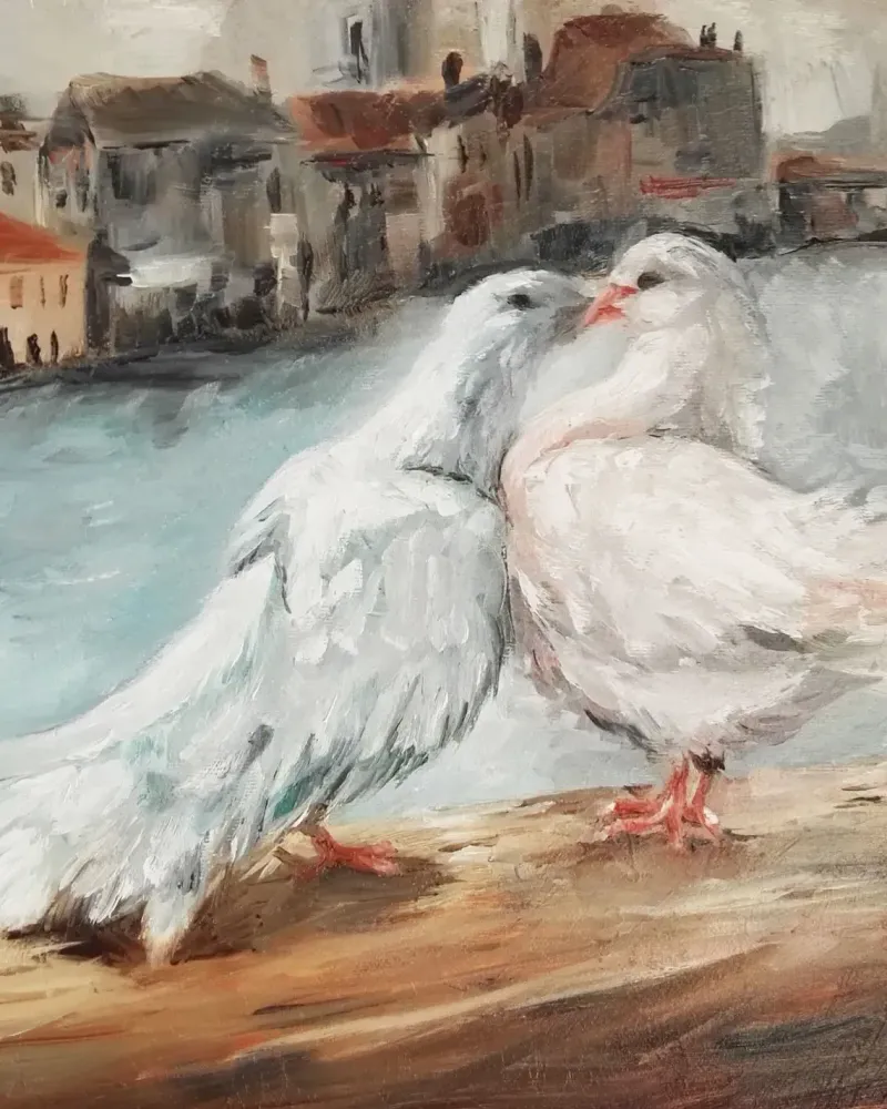 Воркующие голубки. Картина маслом 35×35 см — 35×35 см