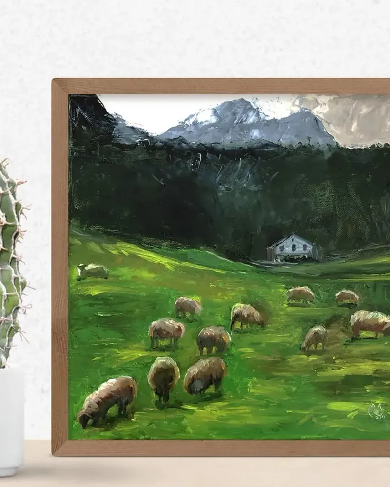 Летний пейзаж с овцами. Картина маслом 40×40 см — 40×40 см