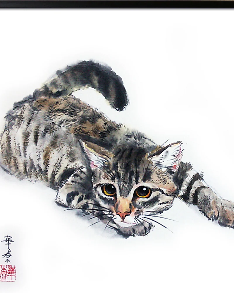 Картина Охочусь, 32x32 полосатая кошка