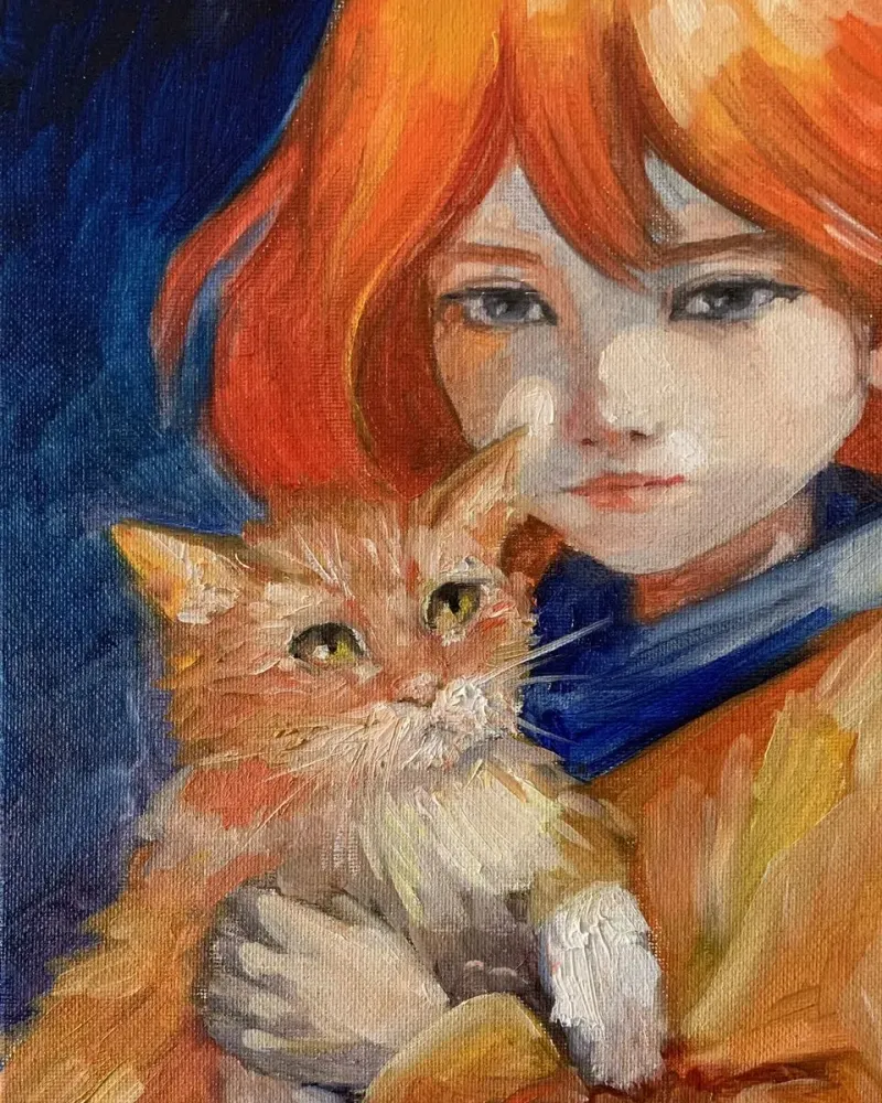 Девочка и котенок. Картина маслом 20×30 см — 20×30 см