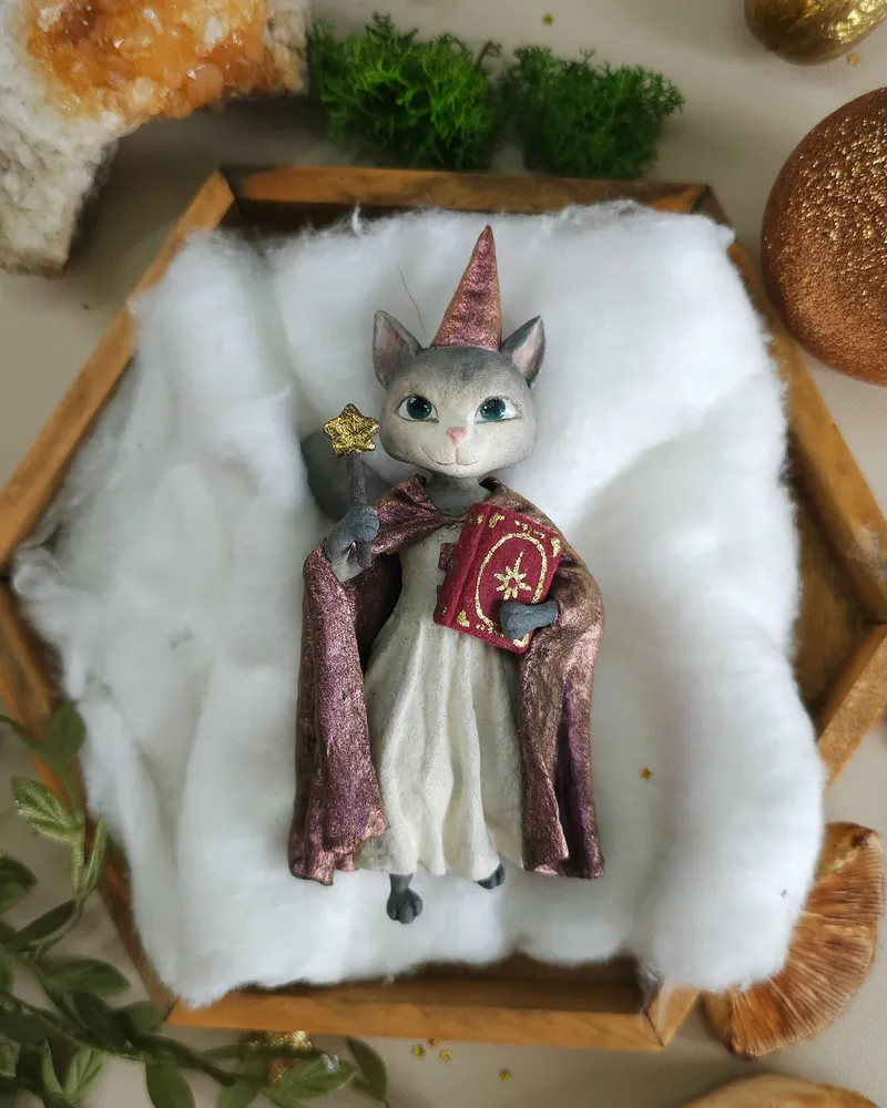 Ватная елочная игрушка Кошка ручной работы