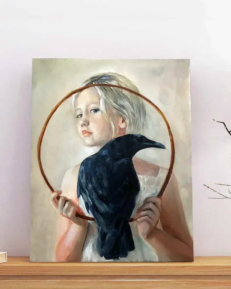Девочка и ворон. Картина маслом 40×50 см — 40×50 см