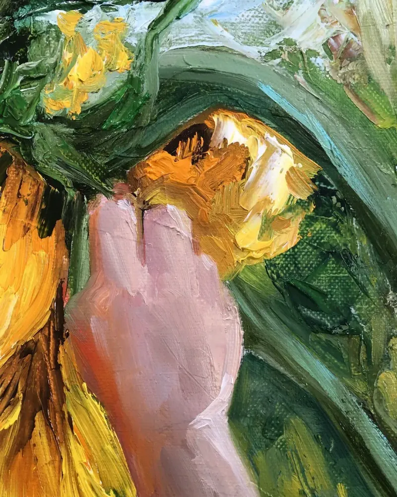 Девочка с подсолнухом. Картина маслом 40×40 см — 40×40 см