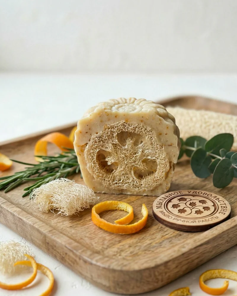 Ручное мыло массажное соляное с люфой твердое бежевый