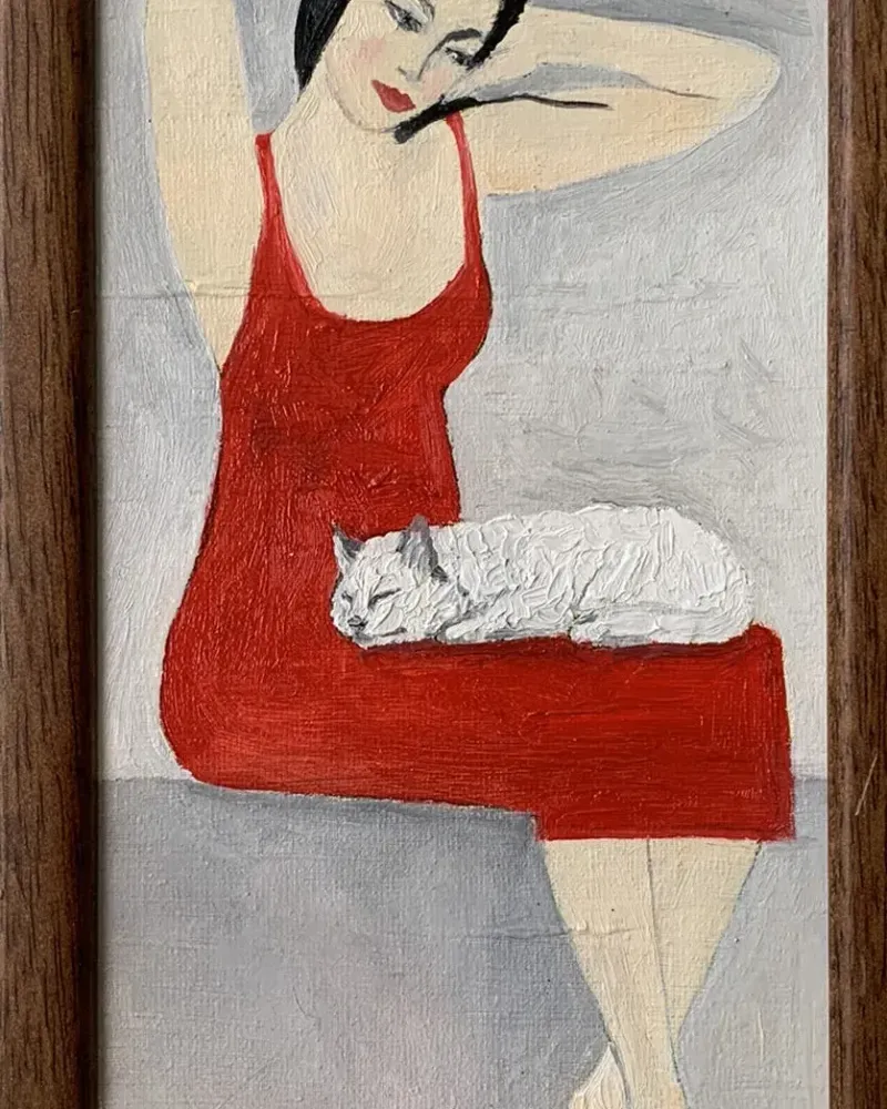 Девушка и кот. Картина маслом 15×25,5 см — 15×25,5 см