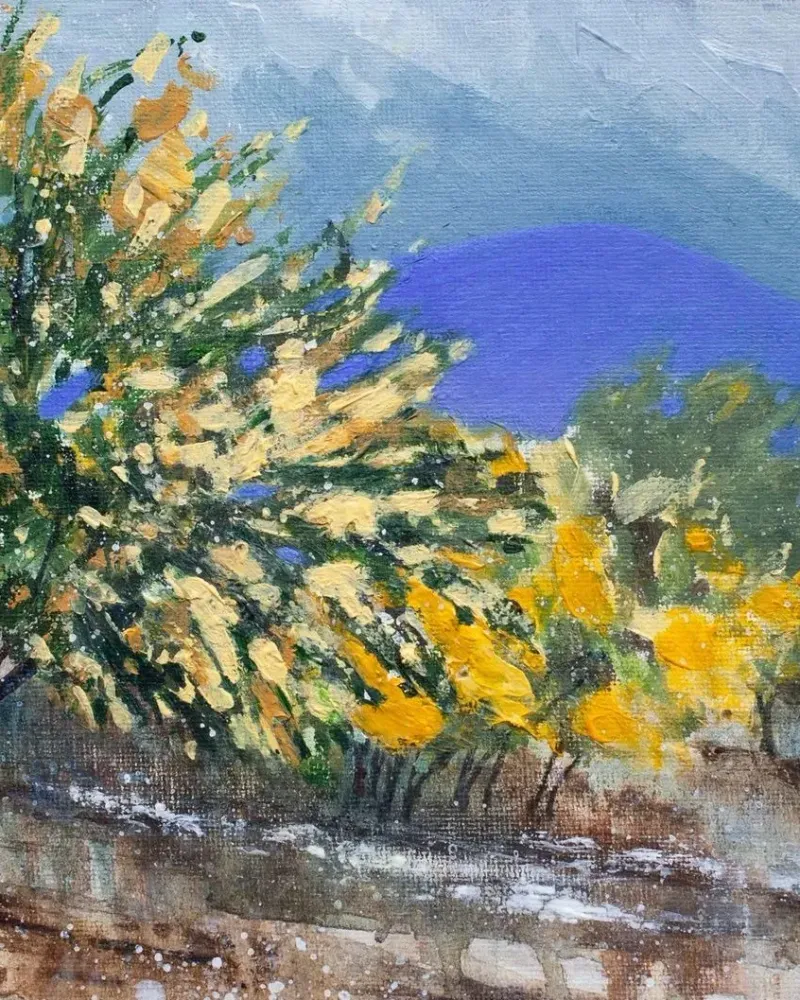 Горный пейзаж с цветущими мимозами. Акрил — 18×24 см