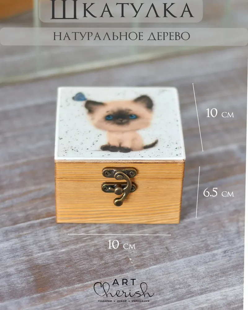 Шкатулка деревянная с рисунком, 10 × 10 × 6 см — Котик 02