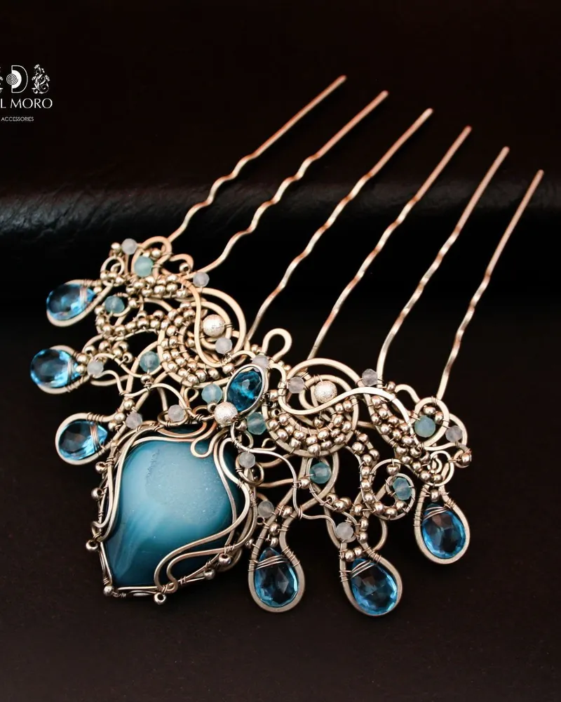 Гребень корона свадебный с камнями голубой "Mermaid crown"