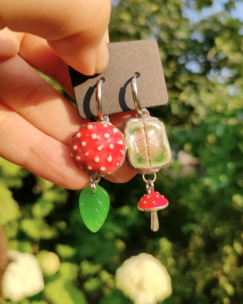 Серьги конго асимметрия керамические "Лес"