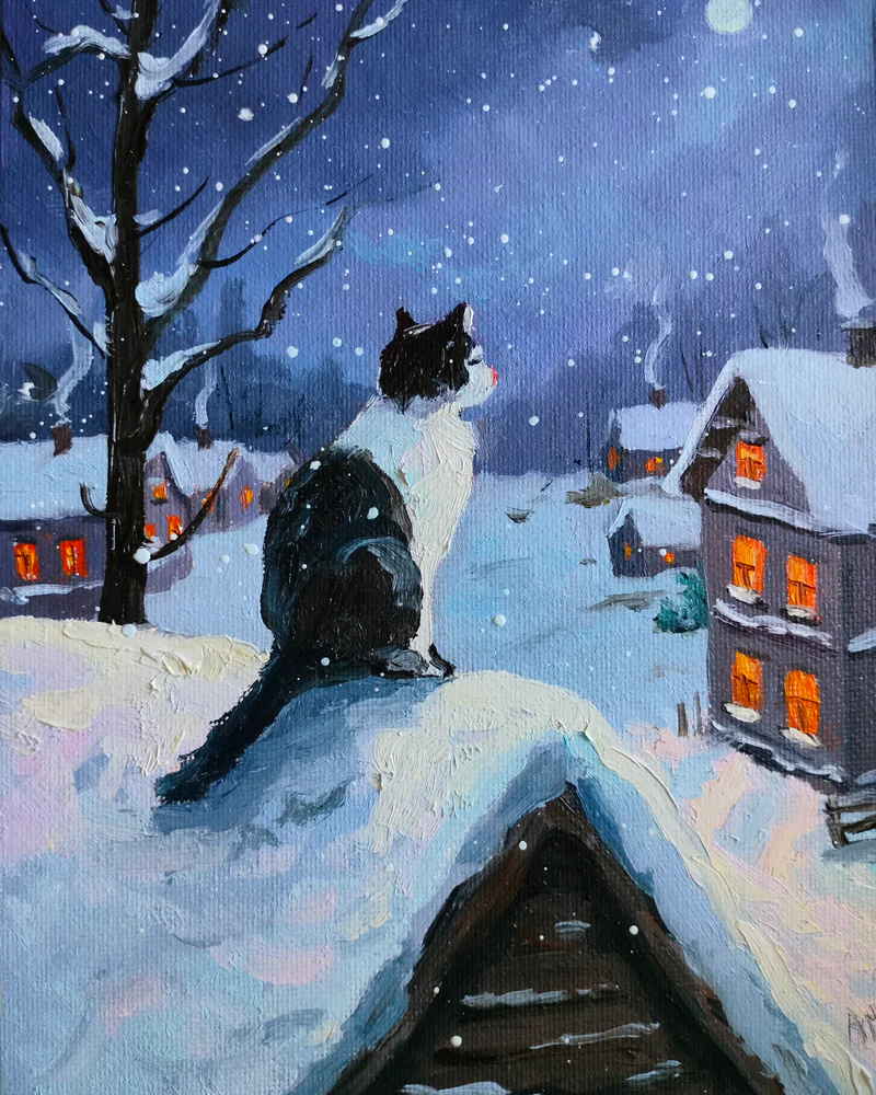 Картина маслом Лунная ночь. Котик — размер 15*20