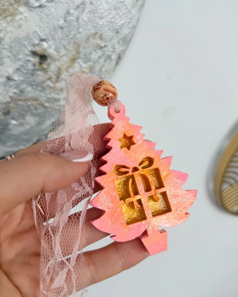 Набор ёлочных игрушек: барашек, овечка со звёздочкой и ёлочка — Розовый набор