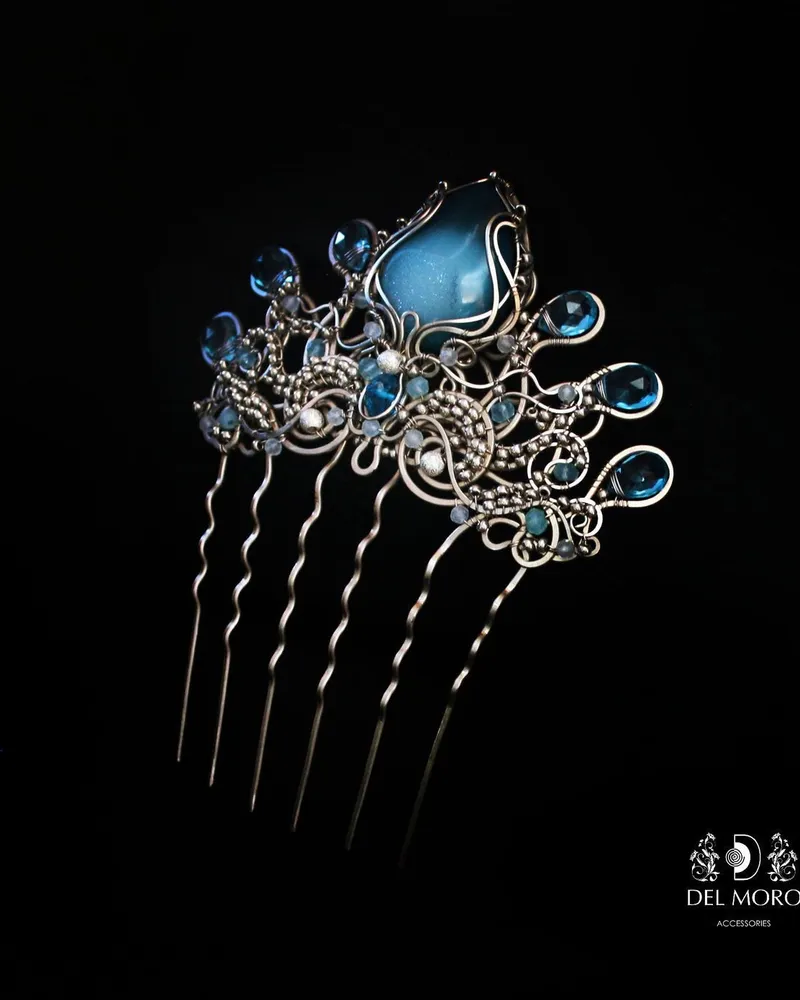 Гребень корона свадебный с камнями голубой "Mermaid crown"