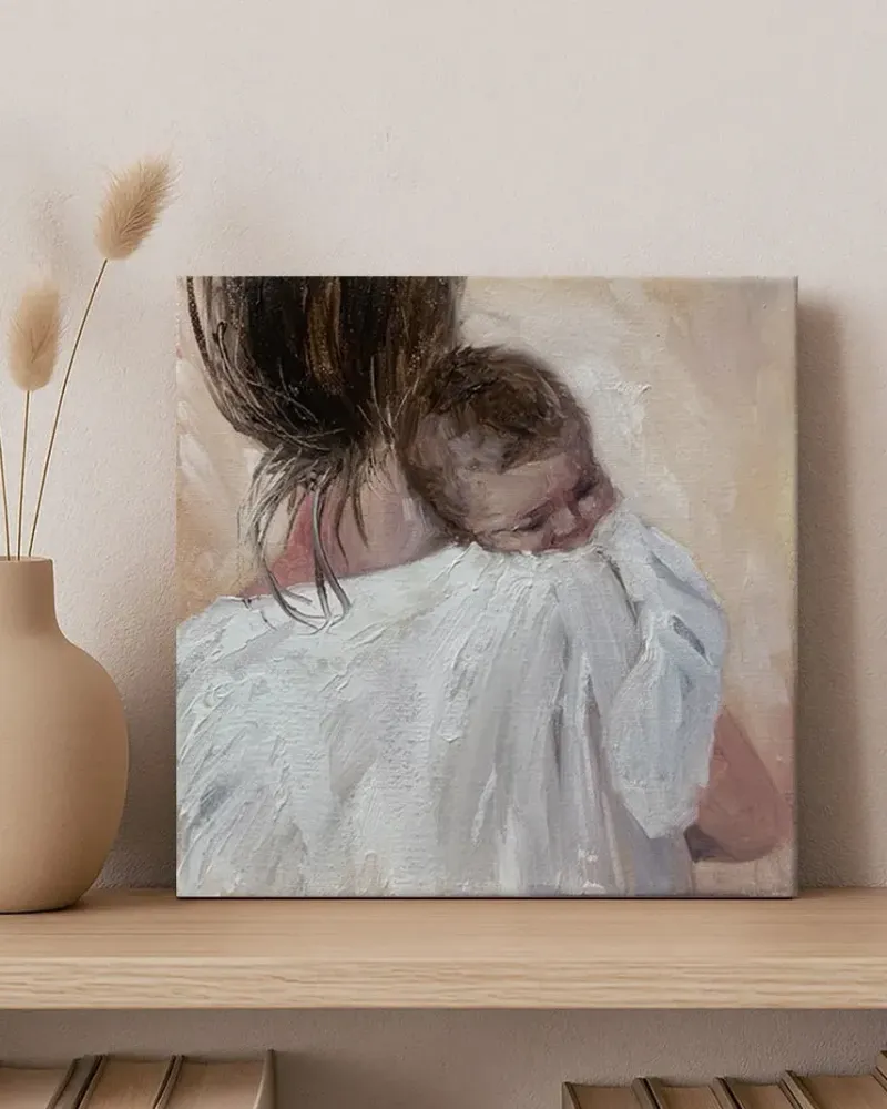 Мама с ребенком на руках. Картина маслом 20×20 см — 20×20 см