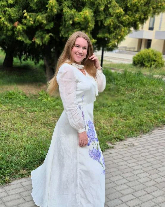 Льняное платье Сиреневые ирисы изысканно прекрасны, лен Италия
