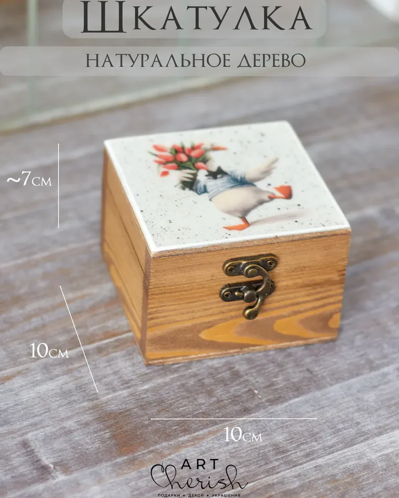 Шкатулка деревянная с рисунком, 10 × 10 × 6 см — Гусь 03